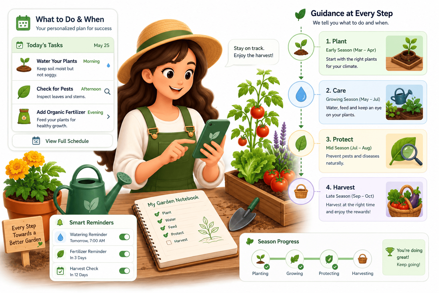 Visualization showing step-by-step guidance notifications for garden tasks like fertilizing and harvesting.