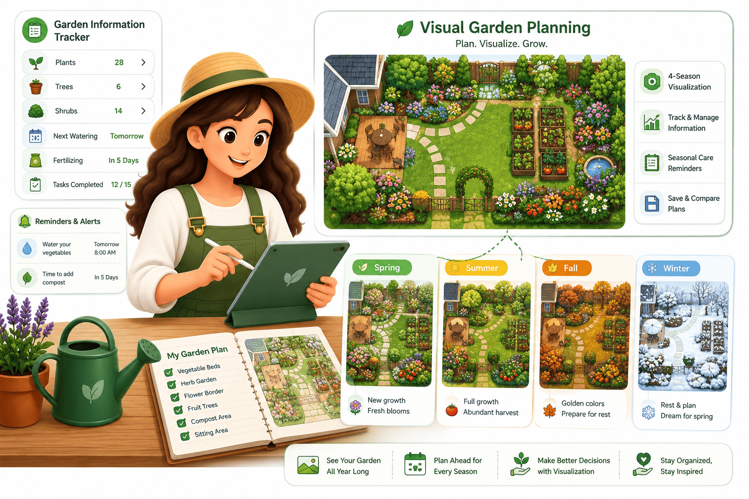 Example visualization from SmartGardener app showing a garden layout in different seasons.