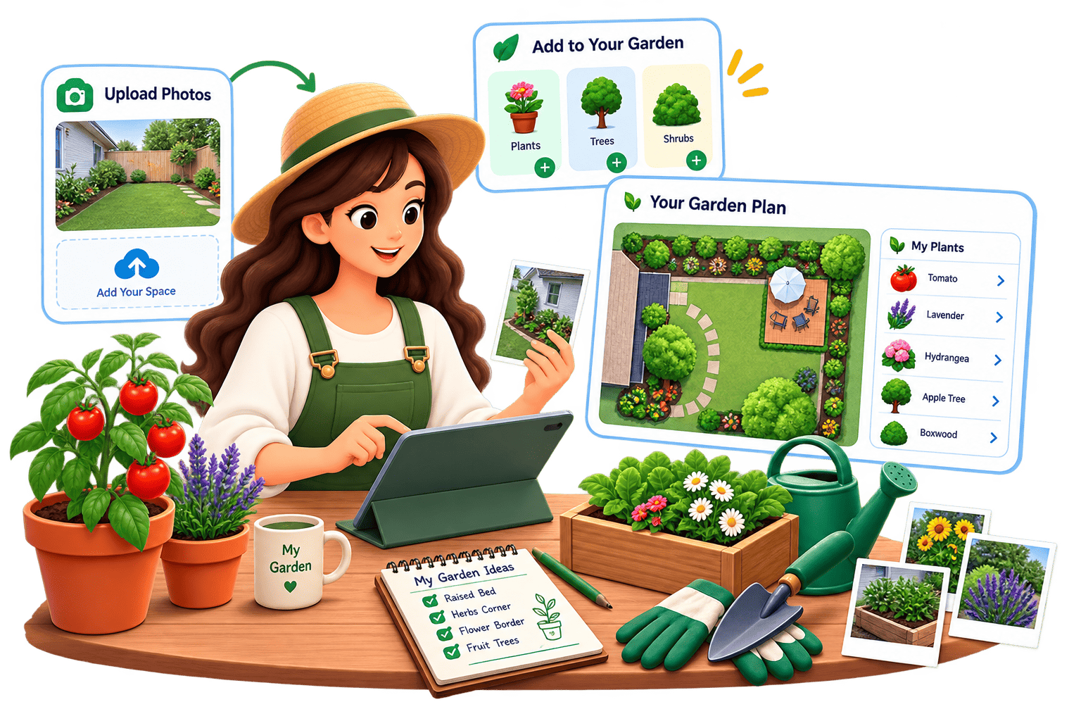 Visualization showing user uploading photos and adding custom plants to SmartGardener planner.